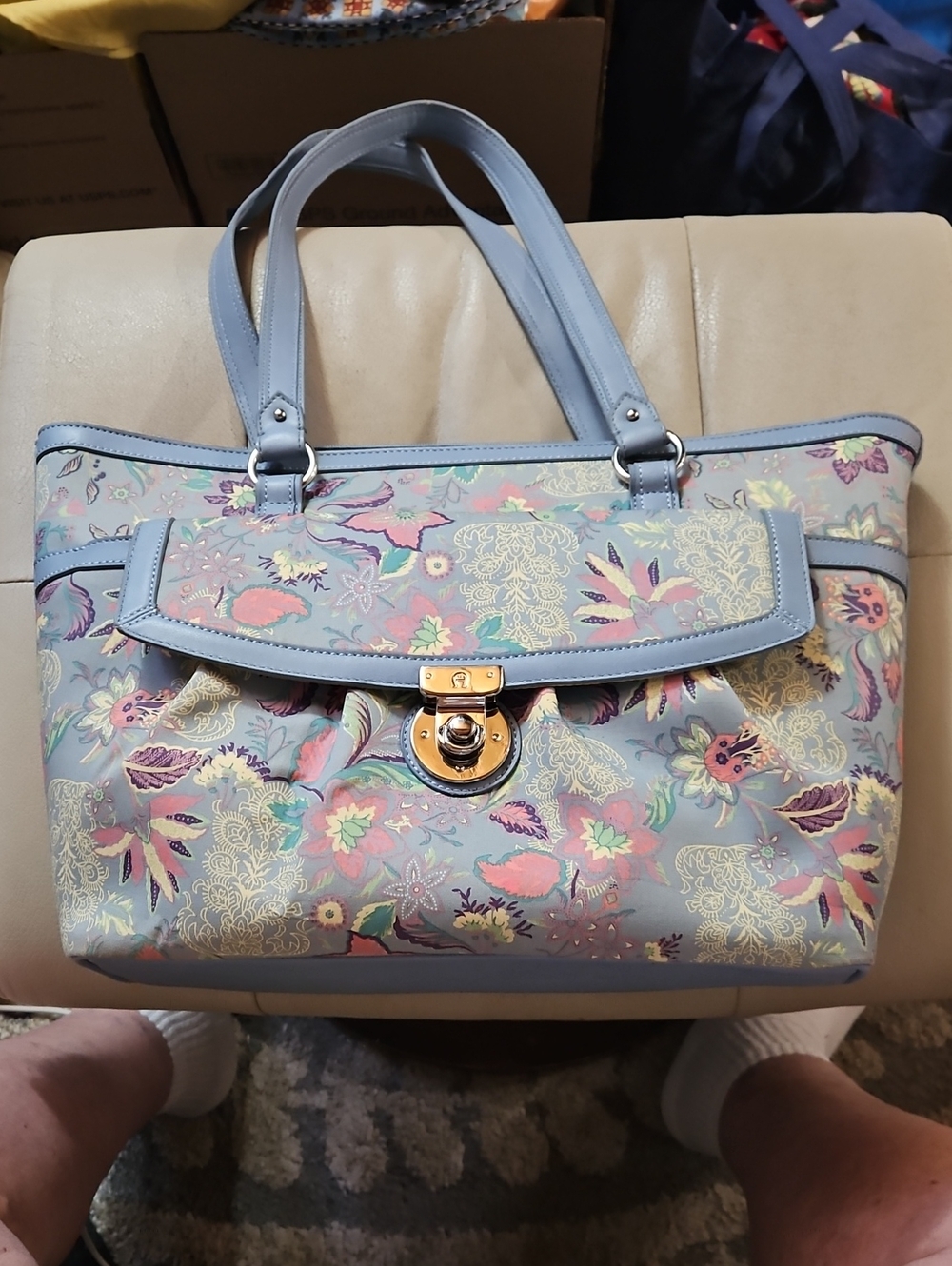 Vintage Etienne Aigner Pastel Floral Tote Bag in Light Blue